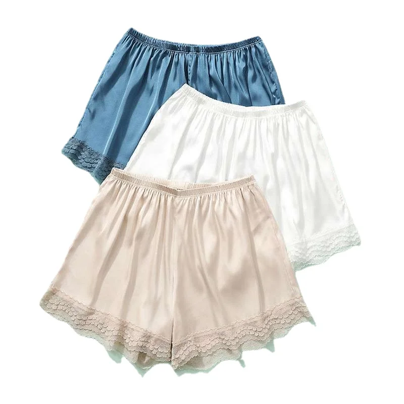 Summer Women Satin Silk Safety Short Pants Lace Patchwork Female Shorts Boxer Soft Cool Pajamas Sleep Bottoms Underskirt Girls