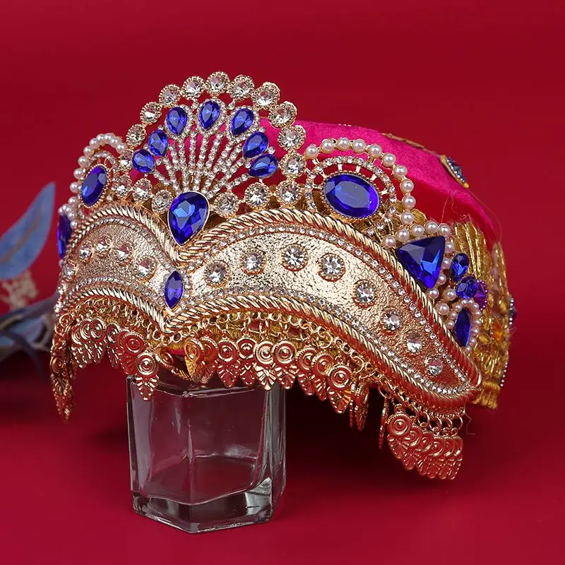 Xinjiang Dance Crown Handmade with Diamond Hat and Ethnic Style Square Dancer Adult Performance Costume Stage Costume