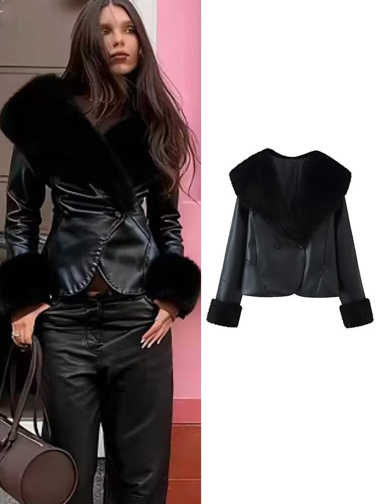 

TFMLN зимняя куртка из искусственной кожи для женщин, модная верхняя одежда из искусственной кожи с меховым воротником, женская теплая тонкая куртка с длинными рукавами
