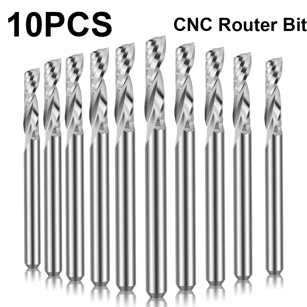 

10Pcs CNC Router Bit 3.175 mm 2 Flute Spiral Milling Cutter Flat Nose End Mill Engraving Router Bit for Wood Carbide Tool Endmil
