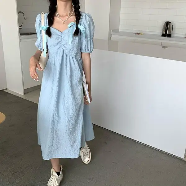 2025 New Summer Bubble Sleeve Princess Dress with Bareback Bow Strap Fairy Dress