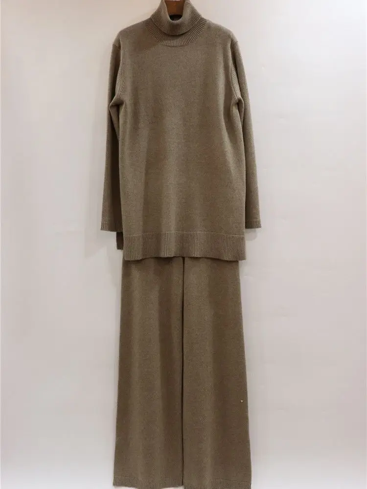 Luxury Two Pieces 45% Cashmere + 30% Wool Suits Female Turtleneck Warm Mink Cashmere Knit Tops + Wide Leg Wool Pant Sets F688