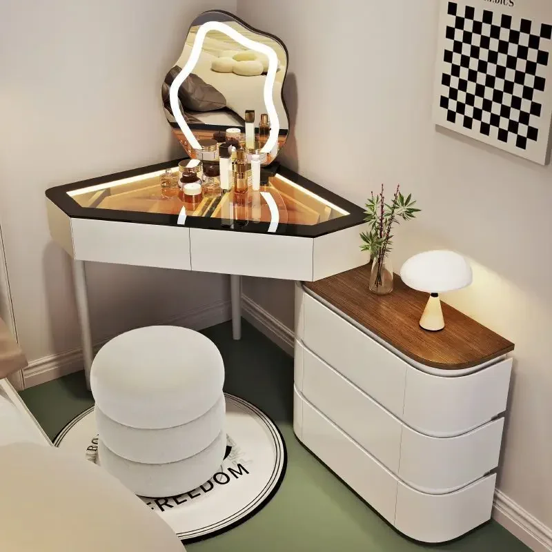

Corner Modern Makeup Vanity Set with Large Storage Dressing Table with Light Moirror Drawers Glass Top and Shelves for Women