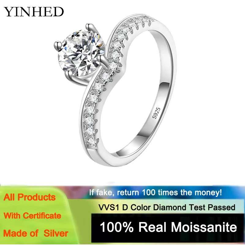 

YINHED Original 925 Sterling Silver Ring 0.5ct/1.0ct/2.0ct Round Moissanite Diamond Crown Wedding Rings for Women GRA Certified