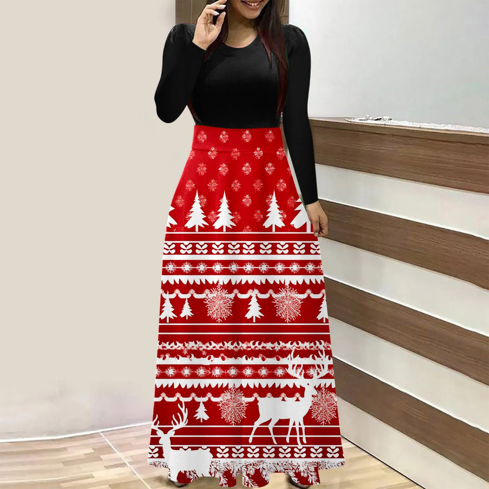 

Elegant Women's Long Dress Christmas Printed Patchwork Vintage Long Sleeve Banquet Cocktail Party Maxi Robe Prom Vestidos 2023