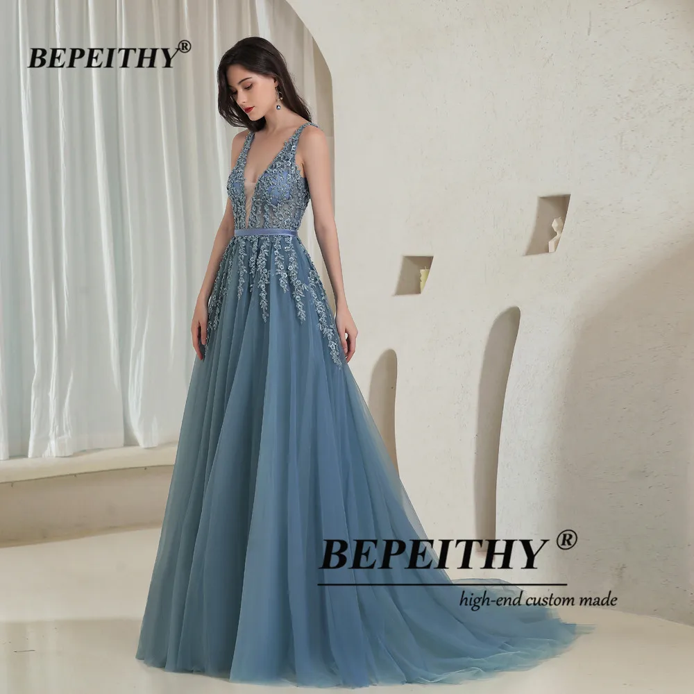 BEPEITHY Customized Elegant V Neck Gray Blue Long Evening Dresses 2022 Party Sexy Backless Prom Gown Sleeveless Robe De Soiree