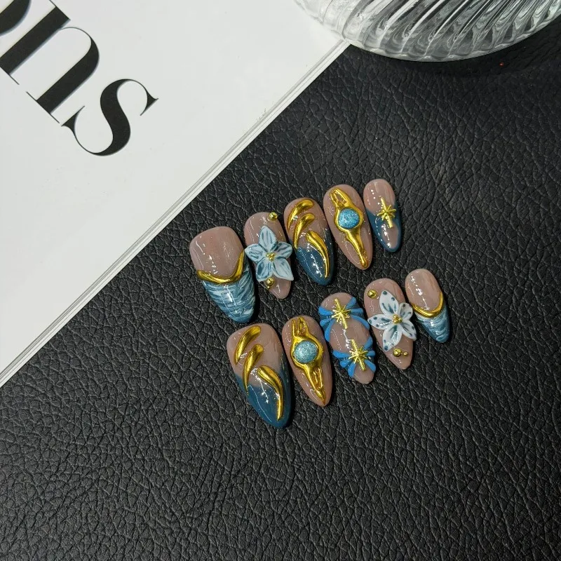 10 قطعة اليدوية المذهبة الذهب مرآة مسحوق الأظافر ثلاثية الأبعاد منحوتة اللوز الصحافة على الأظافر الجليد الفرنسية مانيكير الفاخرة أظافر صناعية ارتداء الدروع