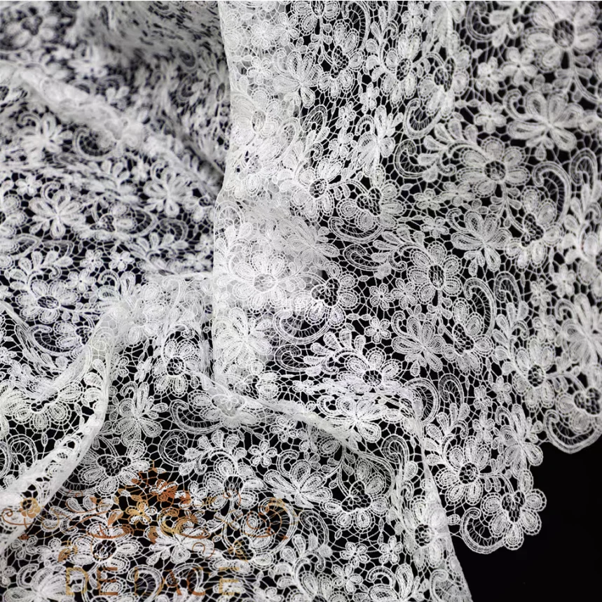 

HYF High Quality Hollow Out Floral Pattern Lace Ivory Embroidered Wedding Dress Lace Fabric