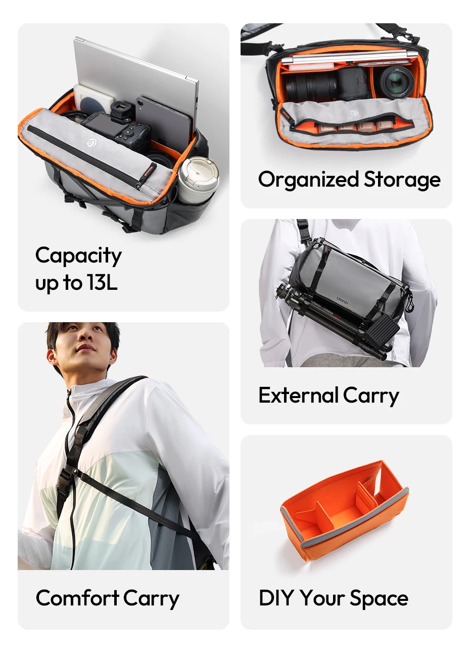 Ulanzi SU02 13L Umhängetasche für Kameras, Objektive, Laptops, Reisen, Schultertasche, Handgepäckhülle mit abnehmbarem Trennwand – Detail 2