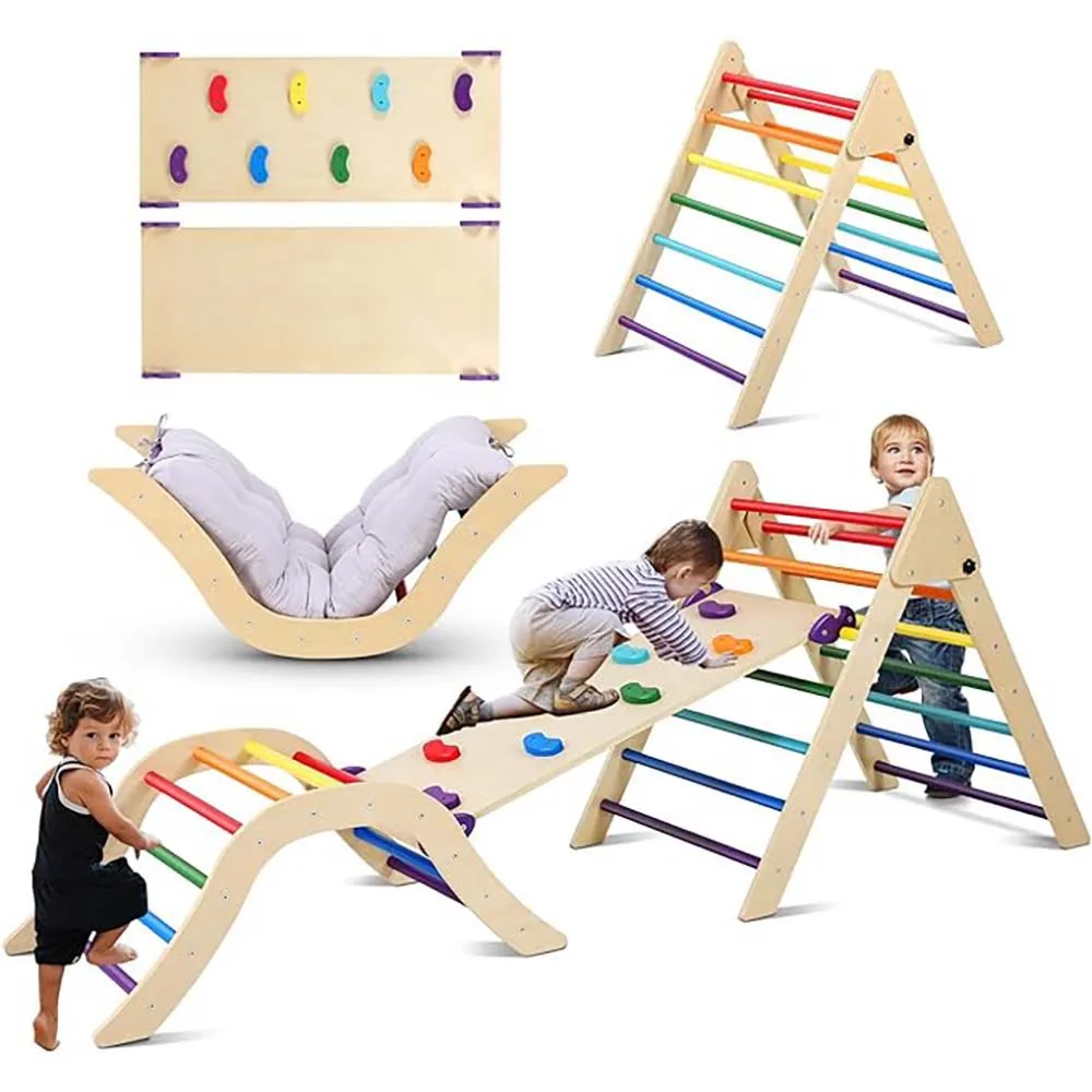 Pikler Triangle Set With Cushion, 5 In 1 Montessori Foldable Climbing Set, Climbing Indoor Playground Set For Toddlers, Wooden C