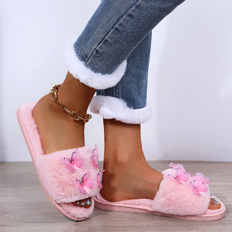 Fashionable Autumn and Winter Indoor Warm Plush Slippers, Cotton Slippers for Women's Home, Cute Plush Butterfly Floor Slippers
