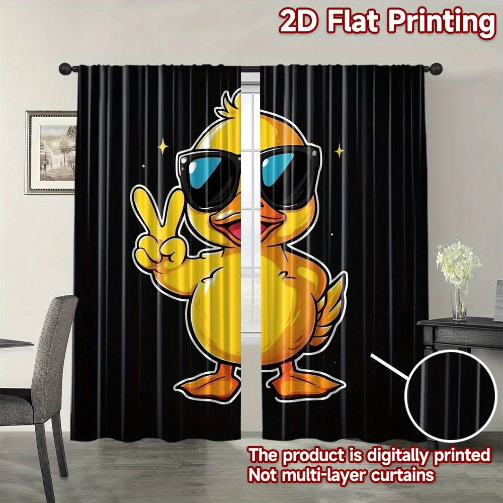 Cool Sunglasses Yellow Duck Curtain 2 Panels Peace Sign Cartoon Duck Black Solid Background Master Bedroom Trendy Teen Home