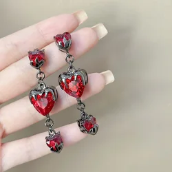 Sweet Cool Zircon Heart Earrings Female Red Lava Charm Pendant Earrings Birthday Party Jewelry Accessories