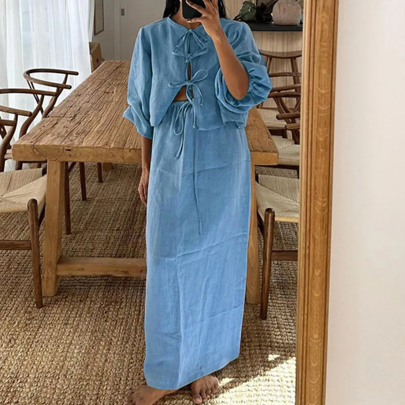 Women Elegant Tie-up Bow Blouse Top&Long Skirts Set Spring Hawaii Two Piece Suit New Summer Solid Puff Sleeve Boho Beach Outfit