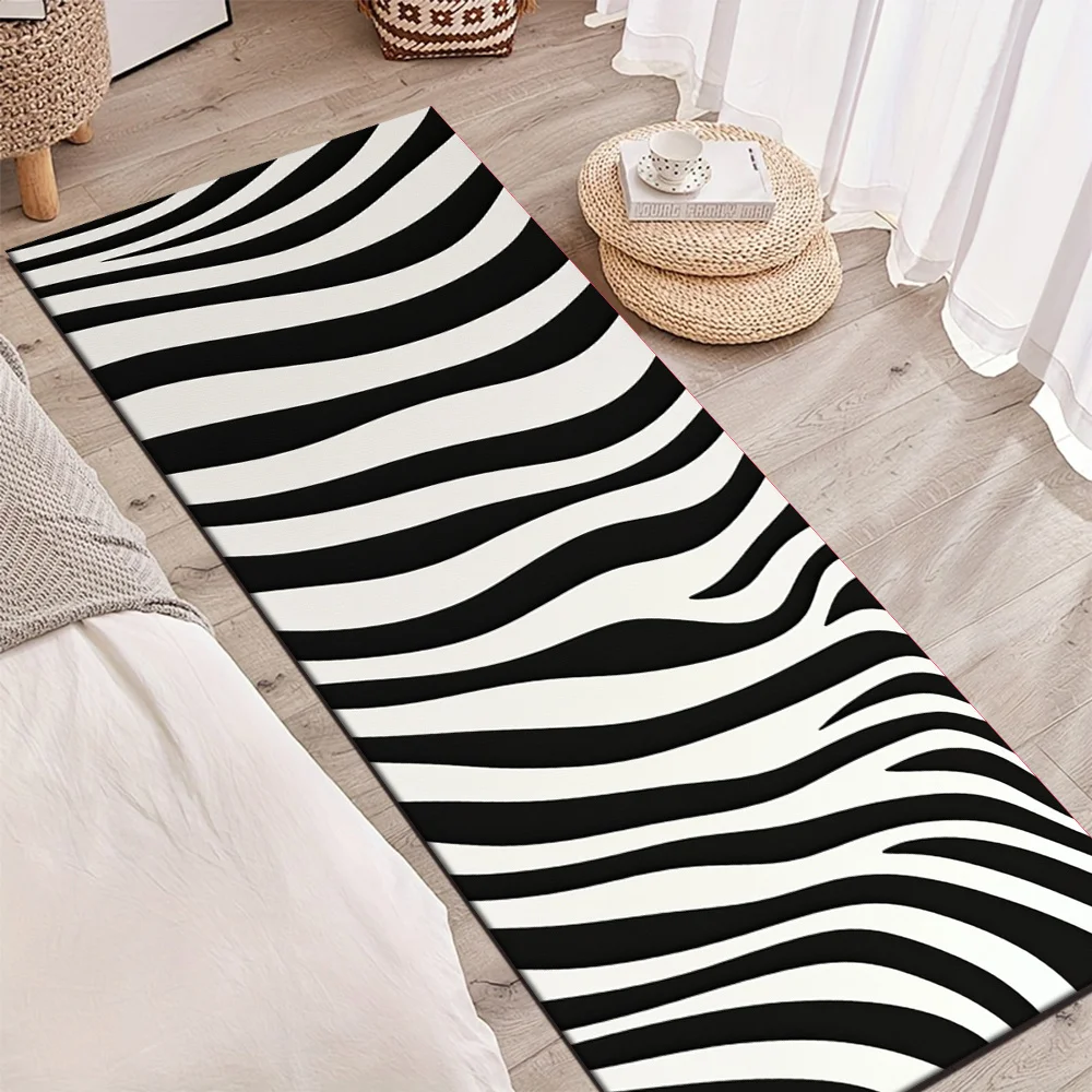 Classic Black White Zebra Wave Stripe Runner Rug, Non-Slip Rug for Kitchen, Entryway, Bathroom & Living Room Fashion Decor