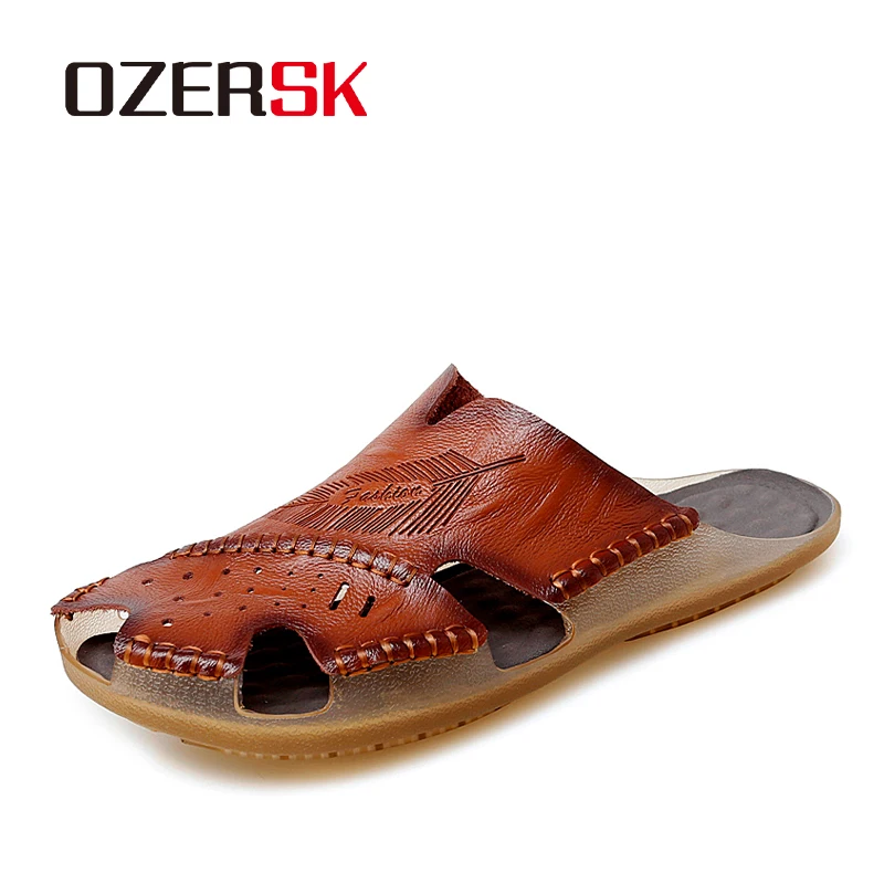 

OZERSK Summer Men Leather Slippers Comfortable Roman Breathable Sandals Casual Non-Slip Beach Waterproof Shoes Luxury Slippers