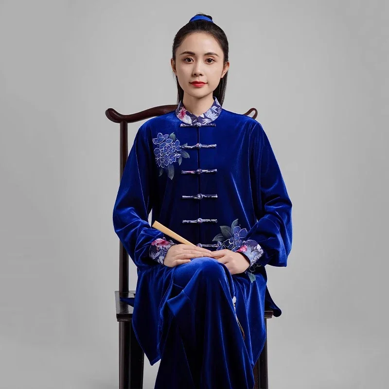 Kun Master Thicken Velvet Taichi Uniform Elegant Winter Martial Arts Suit Embroidery Kung Fu Clothes Taiji for Women