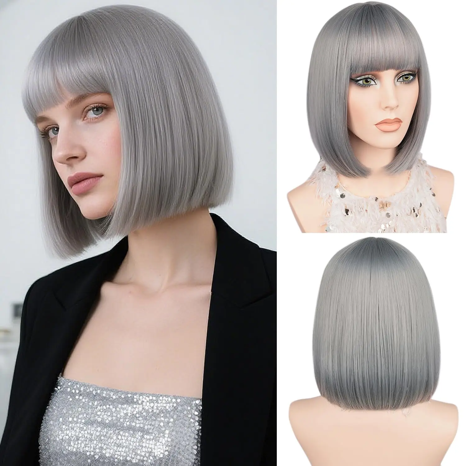 Gray short bob synthetic wig - Halloween party wig - cosplay role-playing wig - daily wig - high-temperature hair accessory
