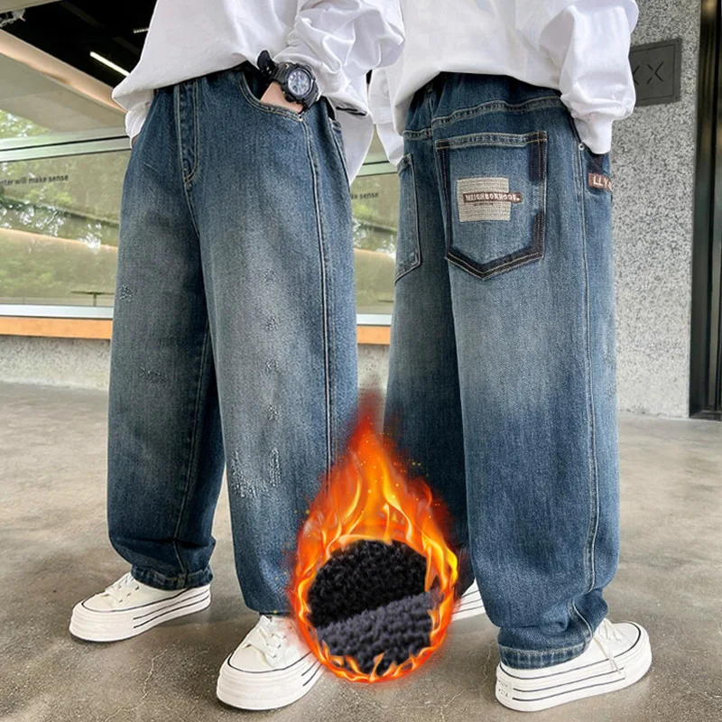 Boys Fashion Embroidery Letters Jeans 5-14 Years Autumn Winter Plush Warm Wide Leg Pants Kids Casual Thickened Denim Trousers