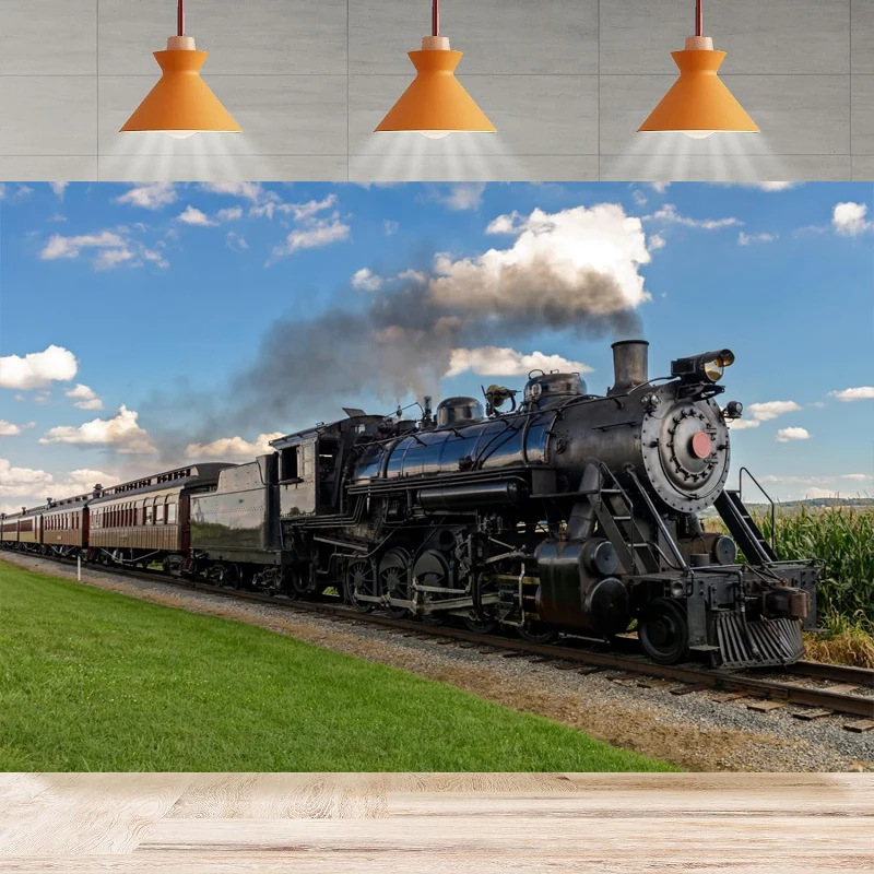 Steam Train Photography Background Old Locomotive Retro Train Railroad Track Farm Fields Blue Sky Party Backdrop Wall Banner