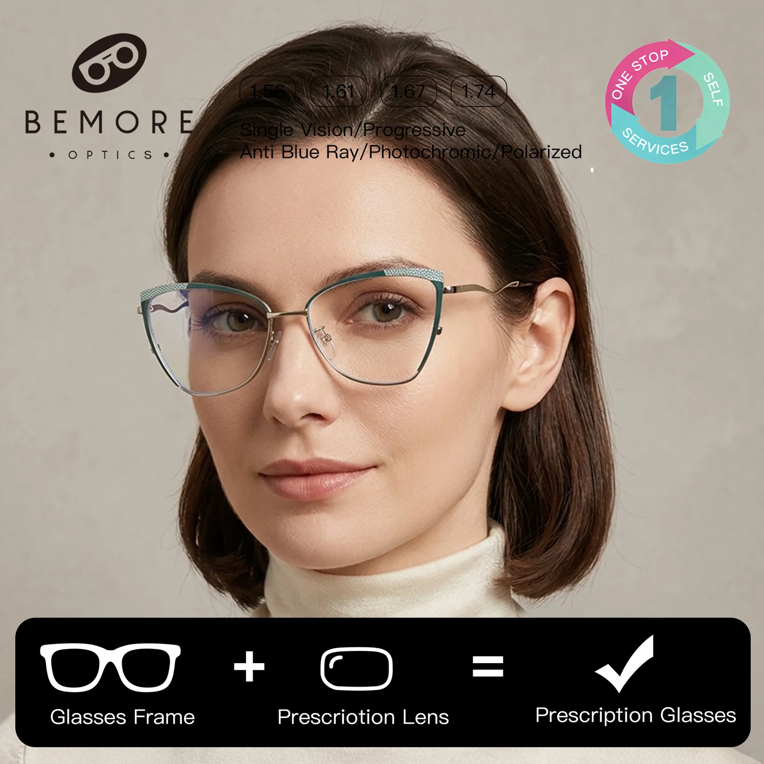 

BEMORE Butterfly Prescription Sunglasses for Woman High Quality Metal Cat Eye Anti-Blue Light Photochromic Optical Glasses