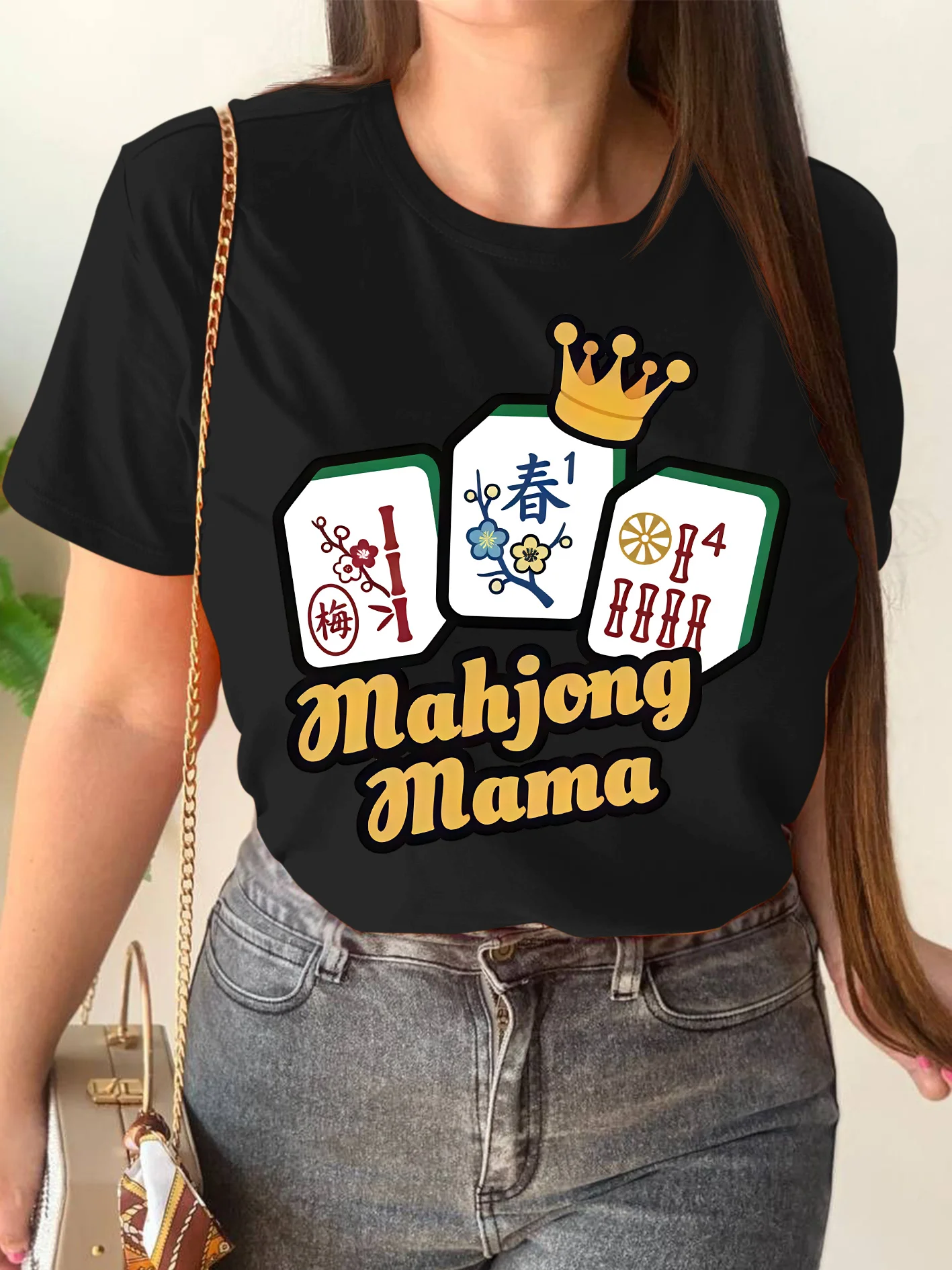 Mahjong Mama Crown Mahjong Tiles Womens Crew Neck Short Sleeve T Shirt Chinese Game Casual Graphic Tees For Ladies Daily Wear