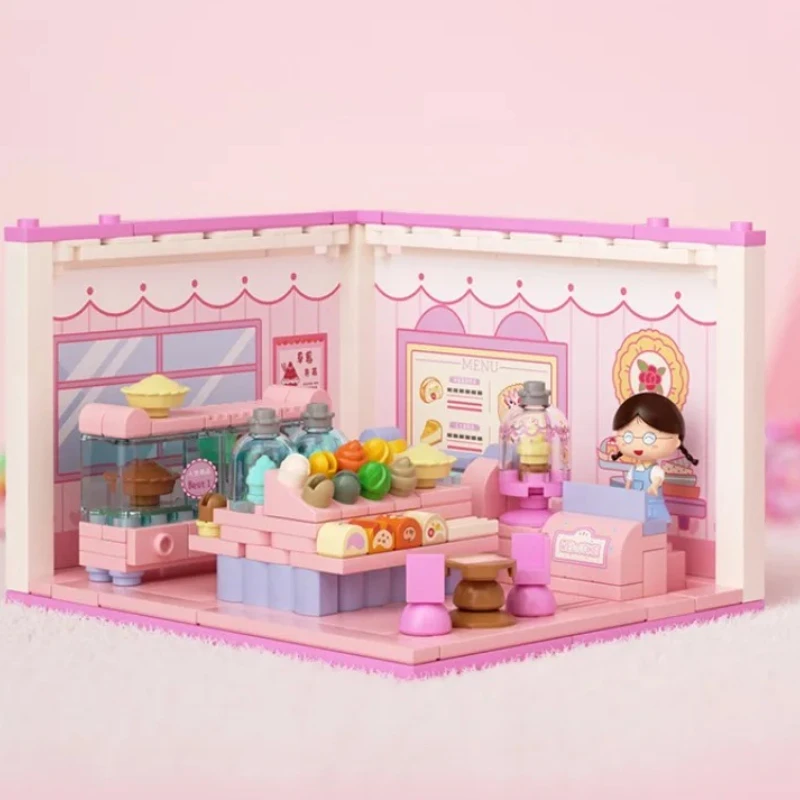 Chibi maruko-chan pilha casa bloco de construção hambúrguer loja sushi casa vista rua modelo decoração brinquedos educativos natal