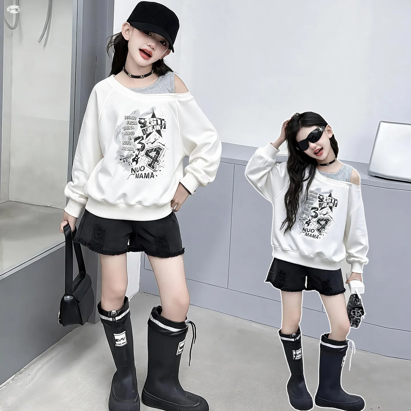 Girls Off-Shoulder Sweatshirt Teenager Kid Fake-Two-Piece T-shirt 4-12 Years Autumn Winter Baby Letter Top