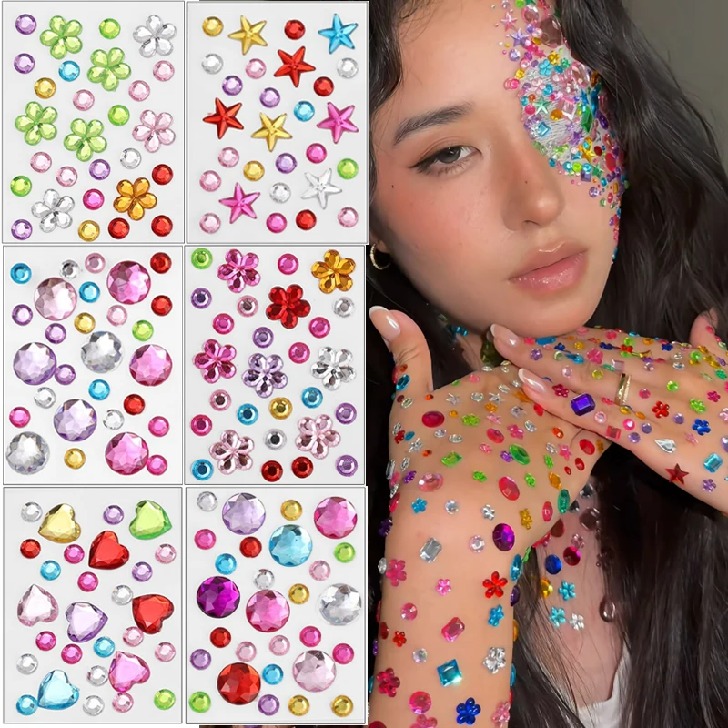 2Pcs Extra Large Rhinestone Jewel Stickers Colorful Star Heart Flower Self‑Adhesive Eye Face Gems for Festival Makeup Decoration