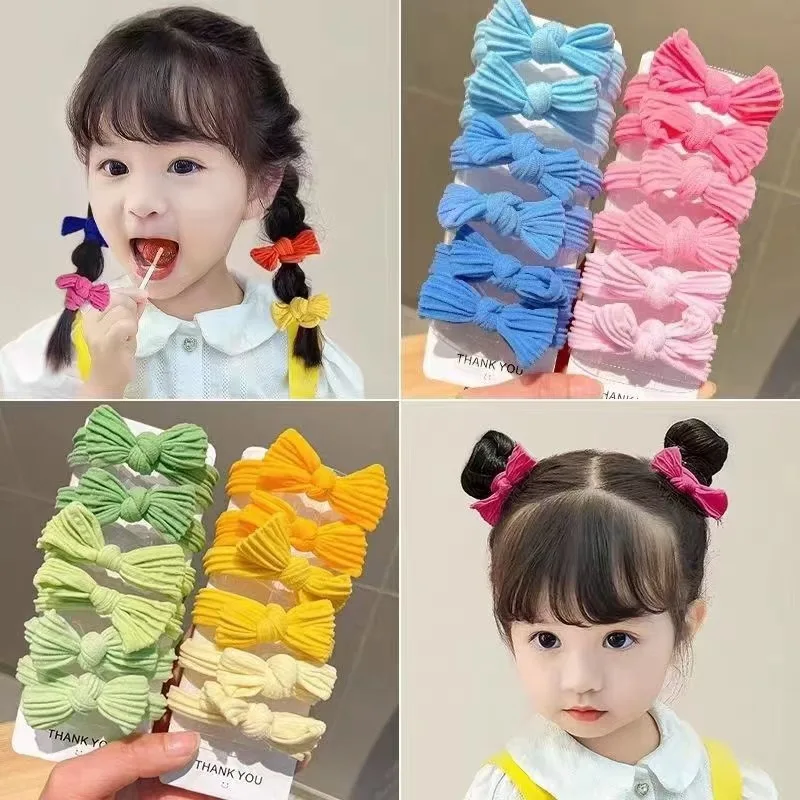 10 Sets of Bow Tie Hair Loops Plush Candy Colored Leather Bands Girl\'s Ponytail Hair Rope Temperament Ball Head Rope Accessories