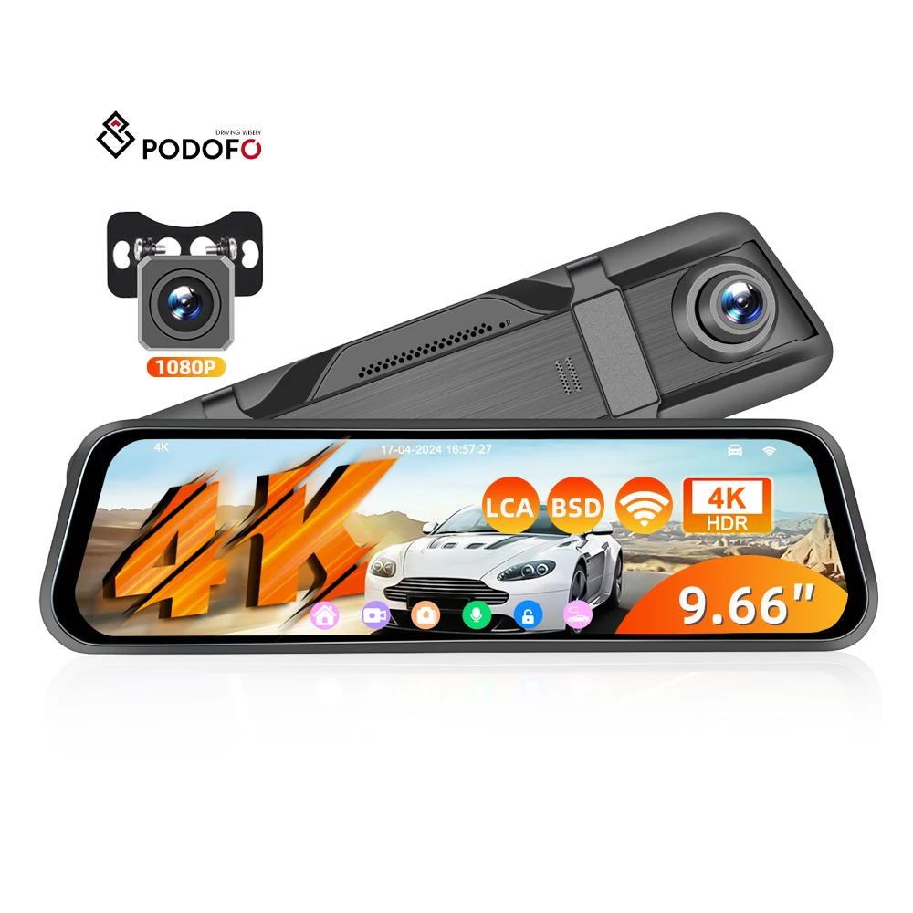 

Podofo 9.66'' Dual Lens Dash Cam Mirror 4K WiFi Video Recorder Parking Monitor BSD+LCA G-Sensor APP Night Vision Autoradio