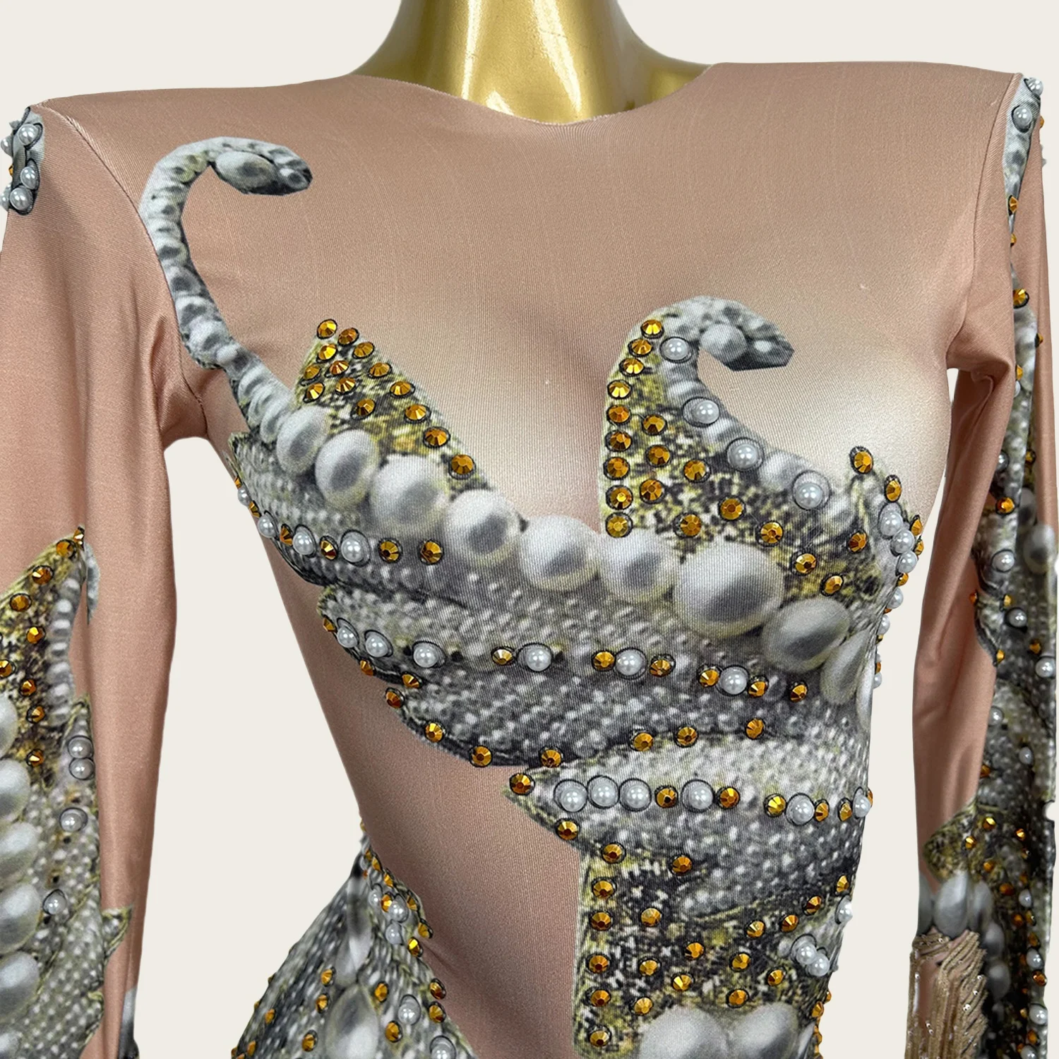 Chuanchuanxiang Skinny Langarm Quaste Strass Body Damen Latin Dance Outfit Nachtclub Gig Bühne Performance Wear