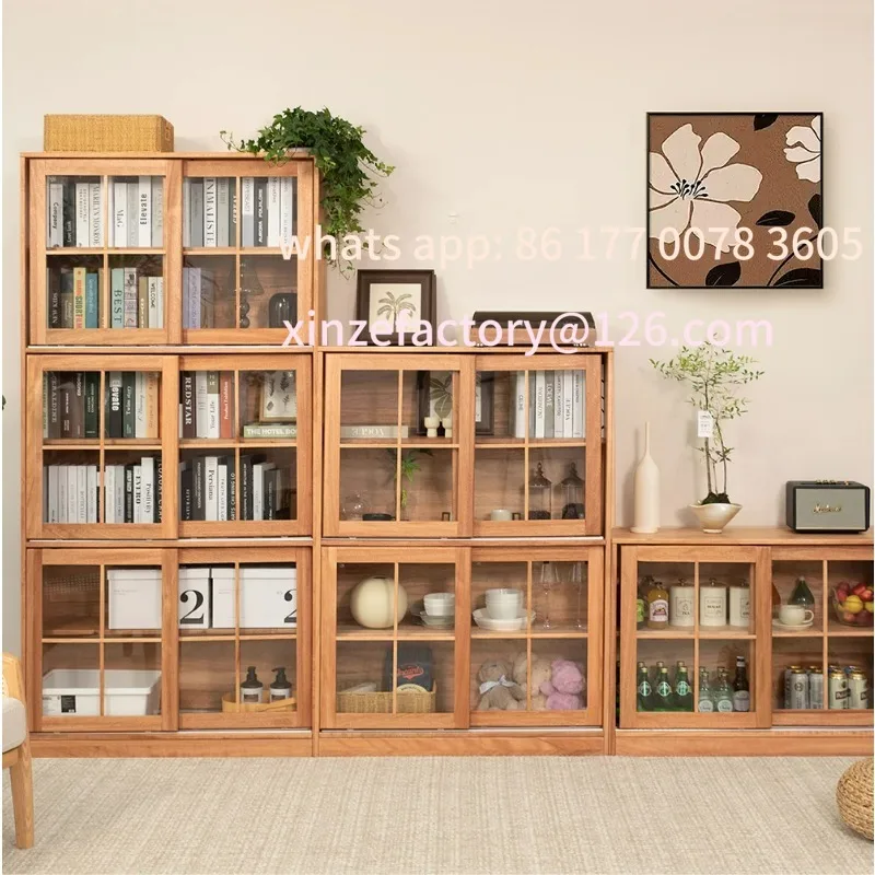 

Customizable Solid wood bookcase floor free combination with glass sliding door bookshelf display cabinet against the wall