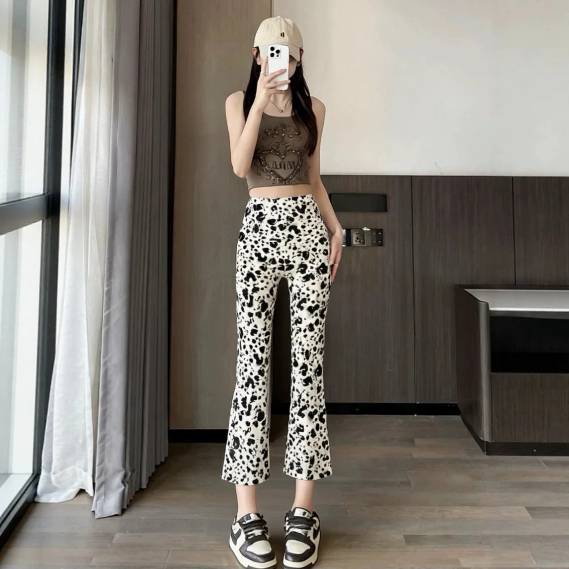 High Waist Slimming Casual Pants Elastic Leopard Print Seven-Footed Bottoming Trousers Punk Style Micro Flared Leggings