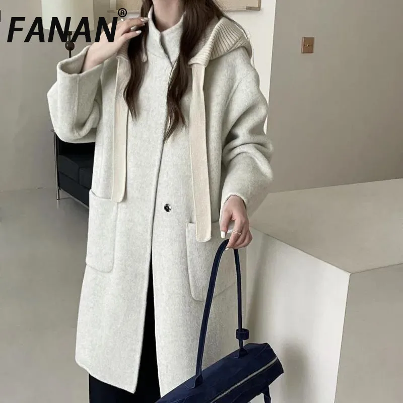 FANAN Two-tone Knitted Hat Detachable Stand Collar Double-breasted Women's Double-faced Woolen Coat Autumn Winter Overcoat