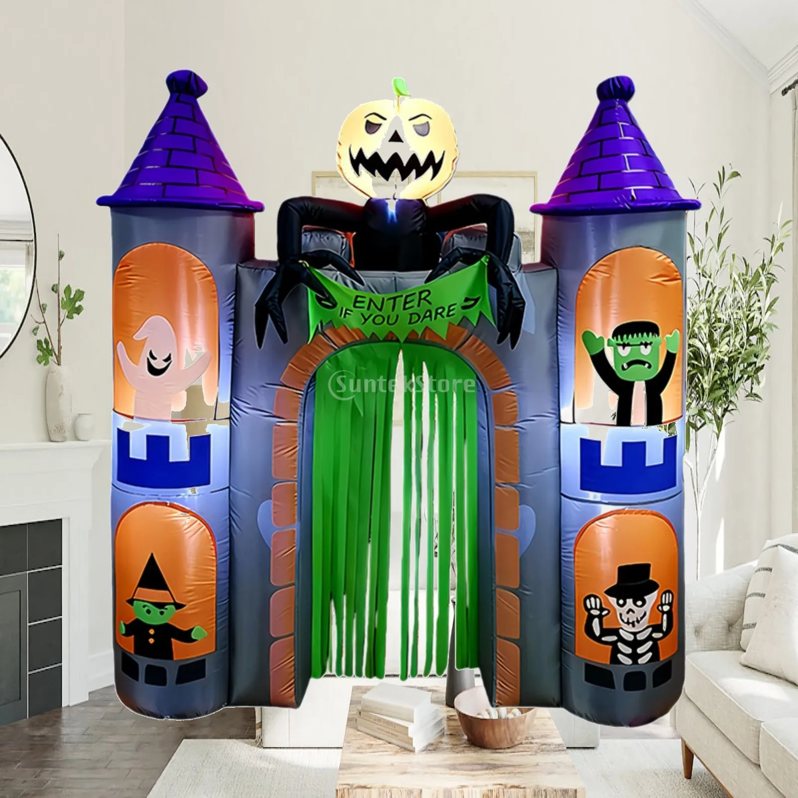 Inflatable Halloween Castle Arch with Lighted Pumpkin for Outdoor Party Decor Spooky Tunnel Gateway for Trick or Treat