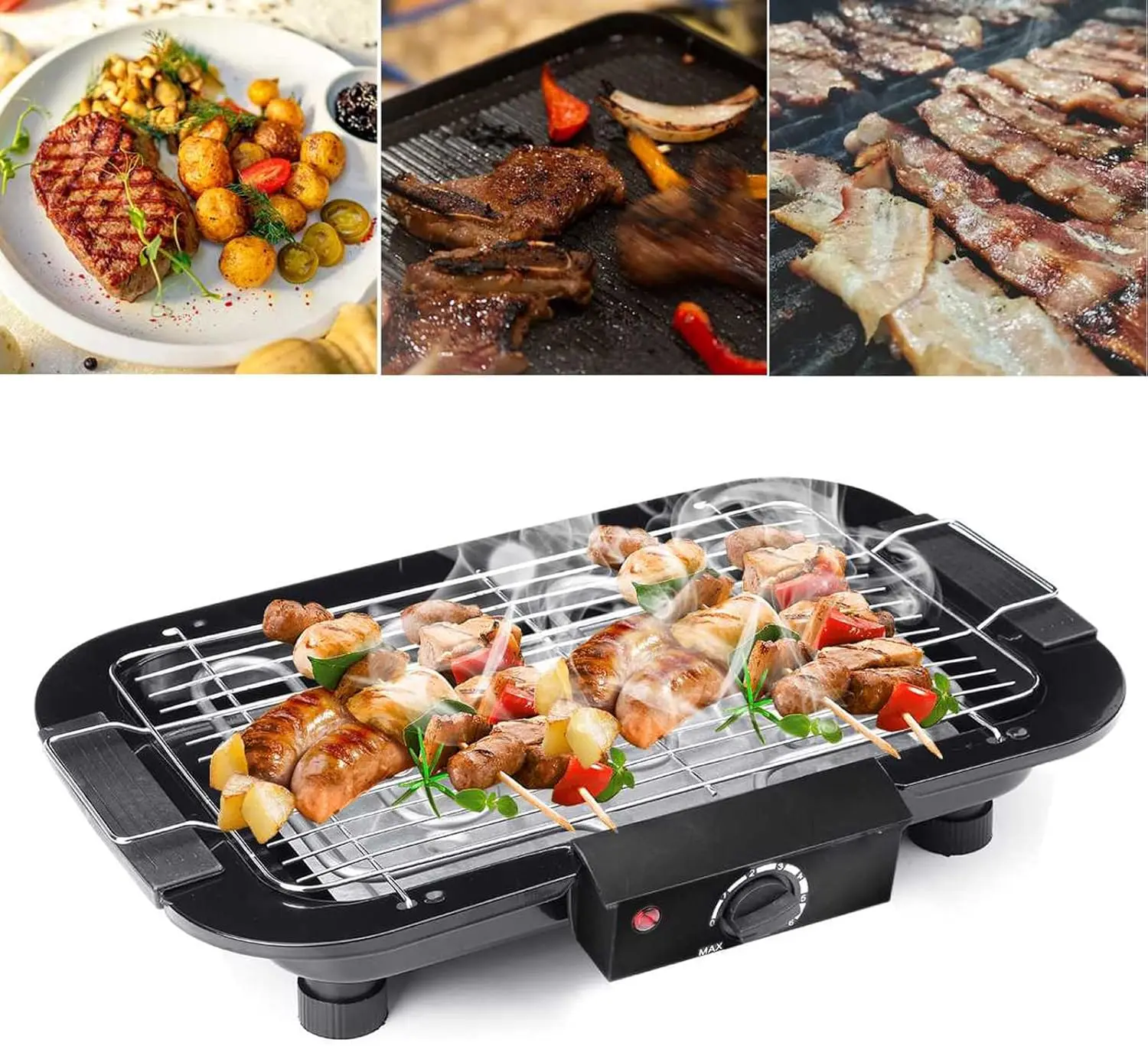 VickyHome BBQ Electric Grill with Detachable Barbecue Wire Grid Rack and Oil Drip Tray, Smokeless Nonstick Barbecue Machine 1500