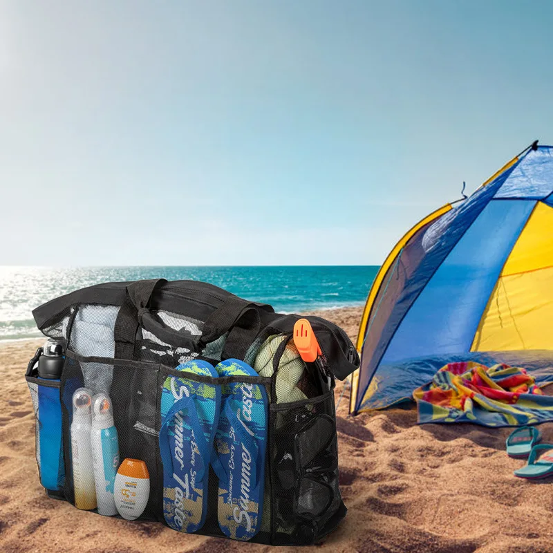 

Extra Large Beach Bag - Lightweight, waterproof, foldable, with mesh straps, zippered pockets and fixed shoulder straps