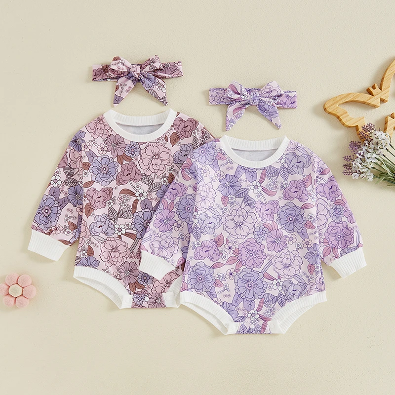 2024-05-28 Lioraitiin 0-18M Baby Girls Autumn Casual Romper Long Sleeve O Neck Flower Print Romper with Headband