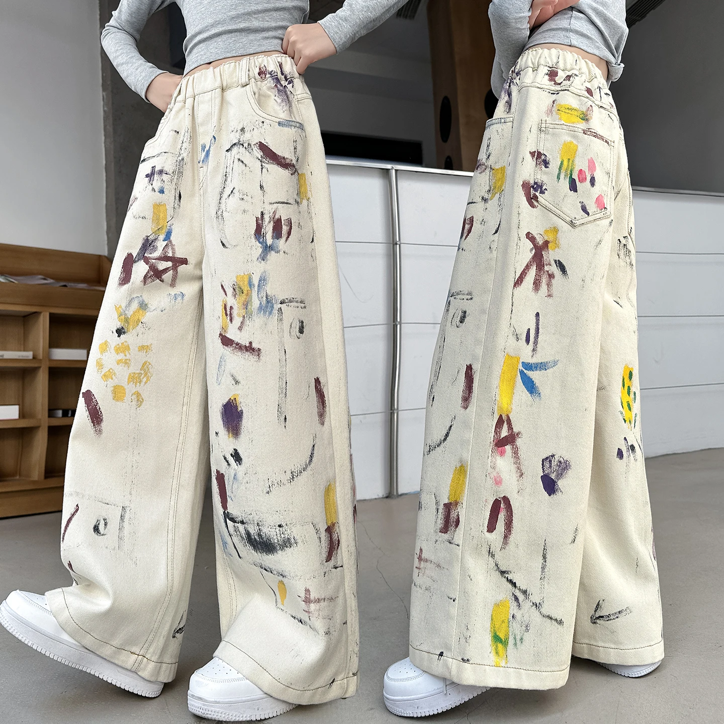 

Spring Autumn Teenage Girl Graffiti Beige Jeans High Fashion Kids Straight Cut Denim Pants with Drawings Child Trendy Trousers