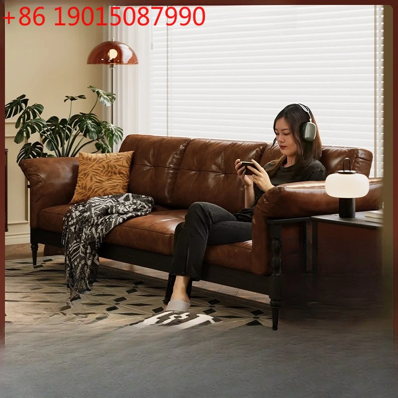 

Французский диван из цельного дерева для гостиной, бытовой трехместный ясеневый кожаный прямой деревянный диван