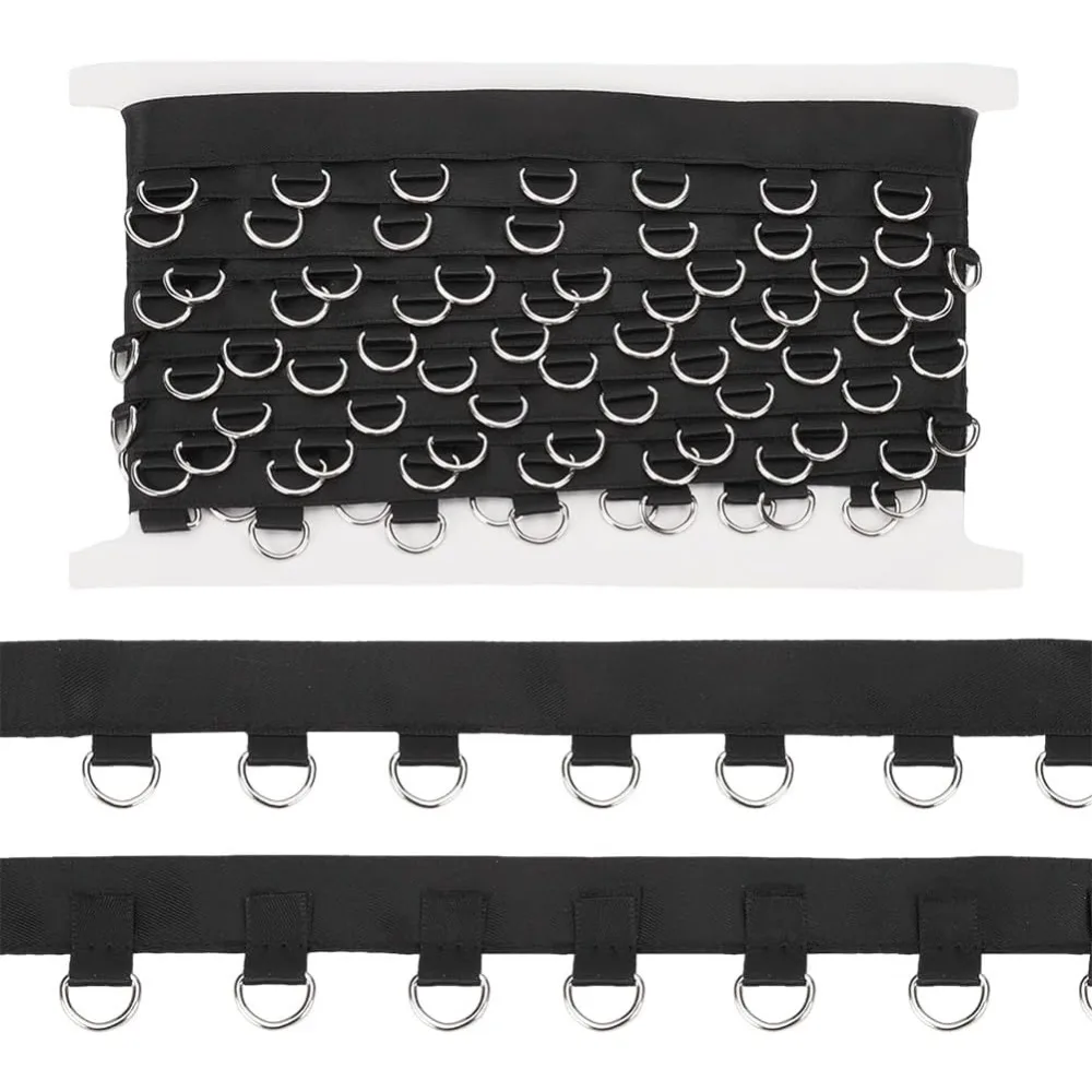 Adorno de ojal negro de 4 yardas con anillos en D (6,5x10,5mm/0,2x0,4 pulgadas) 2,9 cm/0,1 pulgadas de ancho, ojal de algodón, cinta de sarga, adorno de Metal