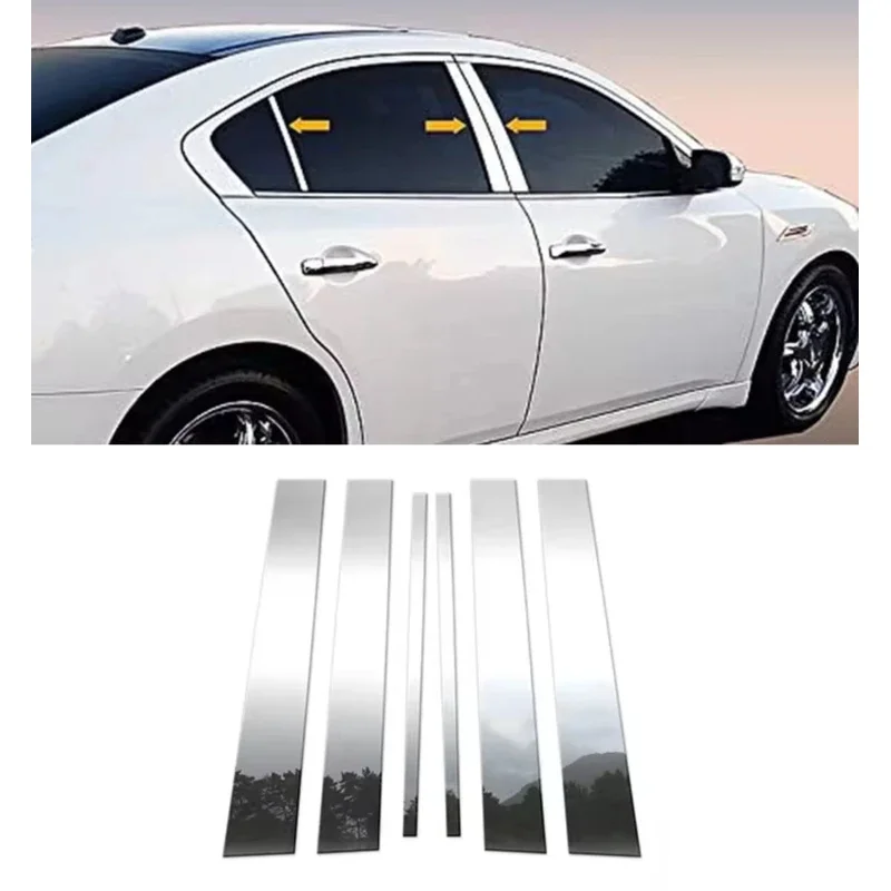 

6PCS Silvery Chrome Plated Pillar Posts Fit for Nissan Maxima 2009 2010 2011 2012 2013-2015 Window Trim Door Cover Sticker Decal