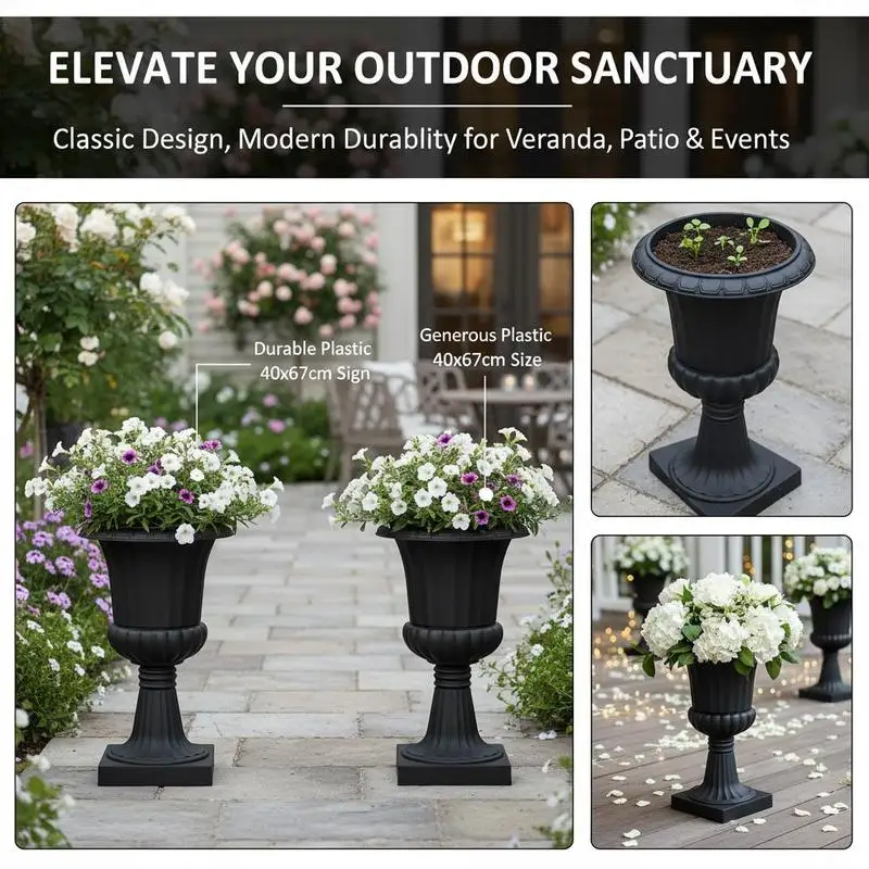 Decorative Column Vases 15.8 x 26.4 Inch For Front Porch Balcony Patio, 2 Pack Classic Flower Pots Tall Pedestal Design Black Molded Resin Construction Traditional Ribbed Texture Outdoor Indoor Ornamental Containers - view 2