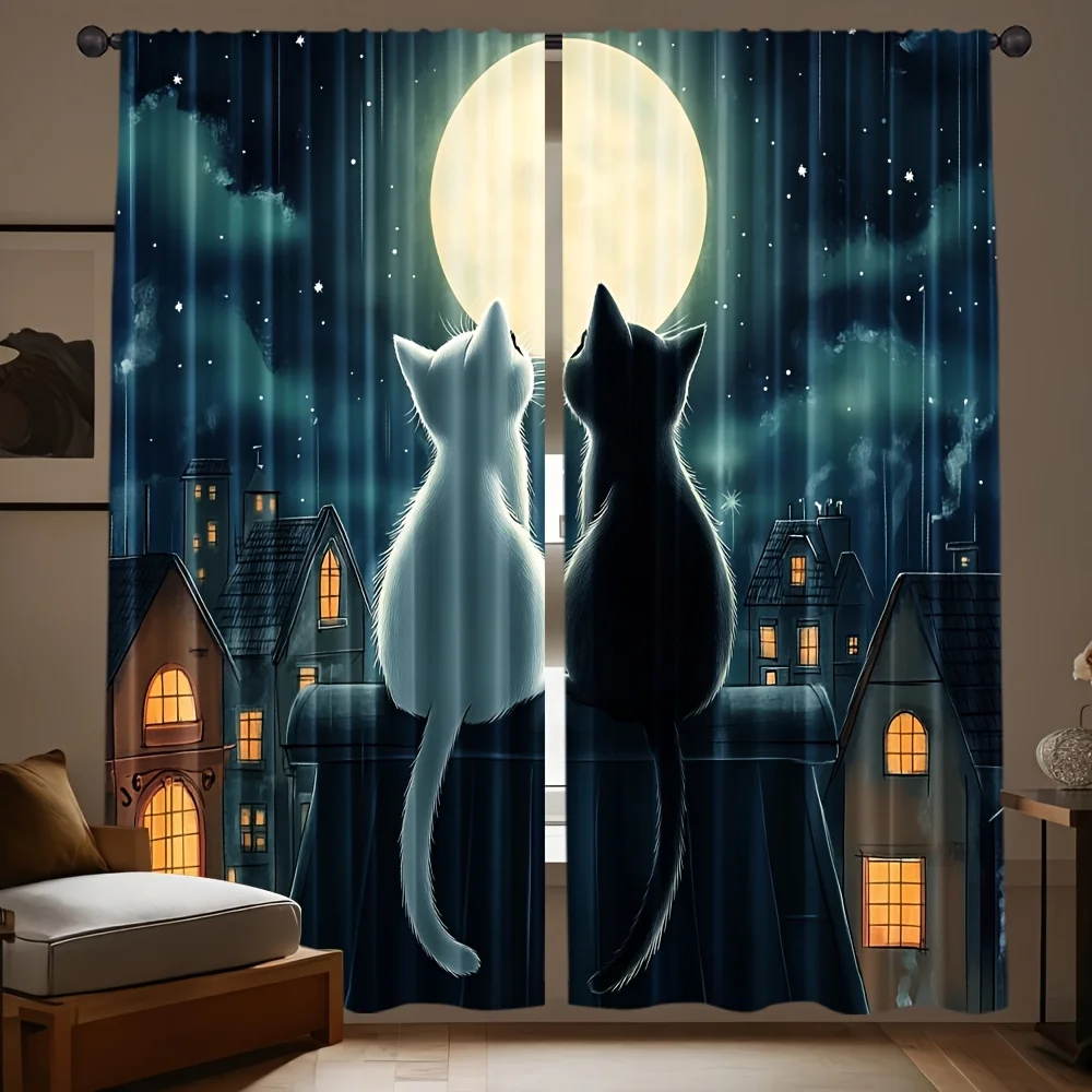 Cat Moon Night Curtains Urban Fantasy Drape with Starry Sky & Rooftop Scene for Living Room Bedroom Window Decoration