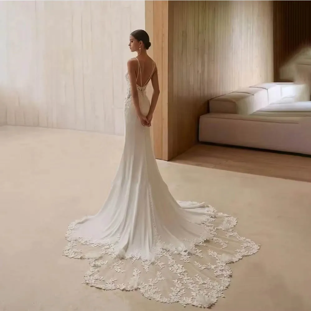 Customized Exquisite Scoop-neck Ruched Wedding Gown Charming Mermaid Lace Spaghetti Strap Bridal Dresses Vestidos Bridal Gown