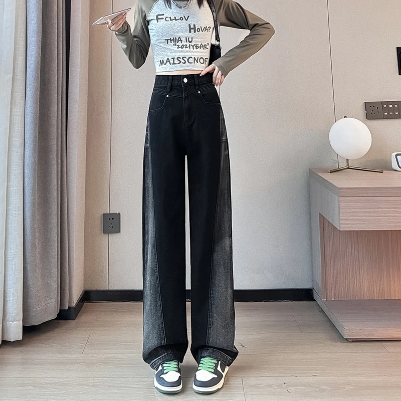 Black-and-gray wide-legged jeans women high waist black-and-white color design feeling loose straight tube floor pants