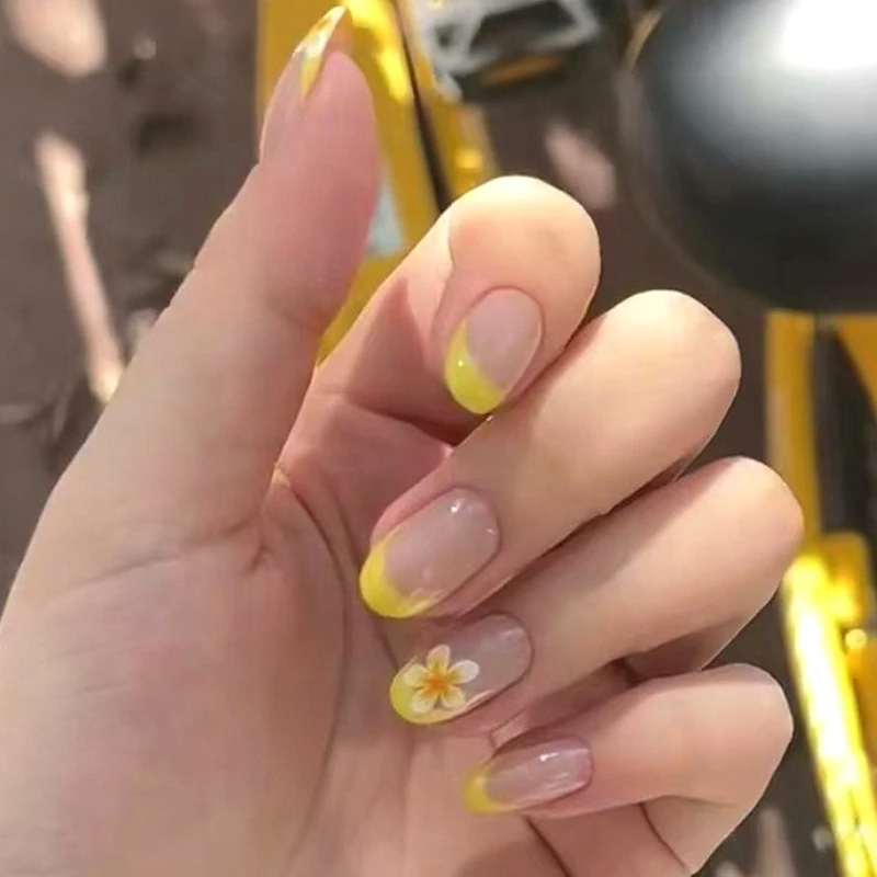 

Lovely Yellow Flowers French Wearable Nail Art Summer Fashion False Nails Detachable Finished Fake Nail Press on Nails with Glue