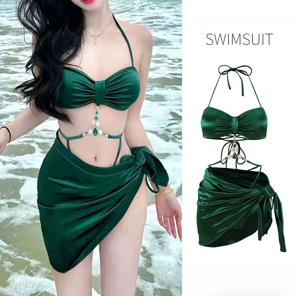 

Swimsuit 2025 New Women's Green Gem High-gloss Fabric Pure Desire Three-piece Set Straps Bikini Summer Swimwear Bikini Set