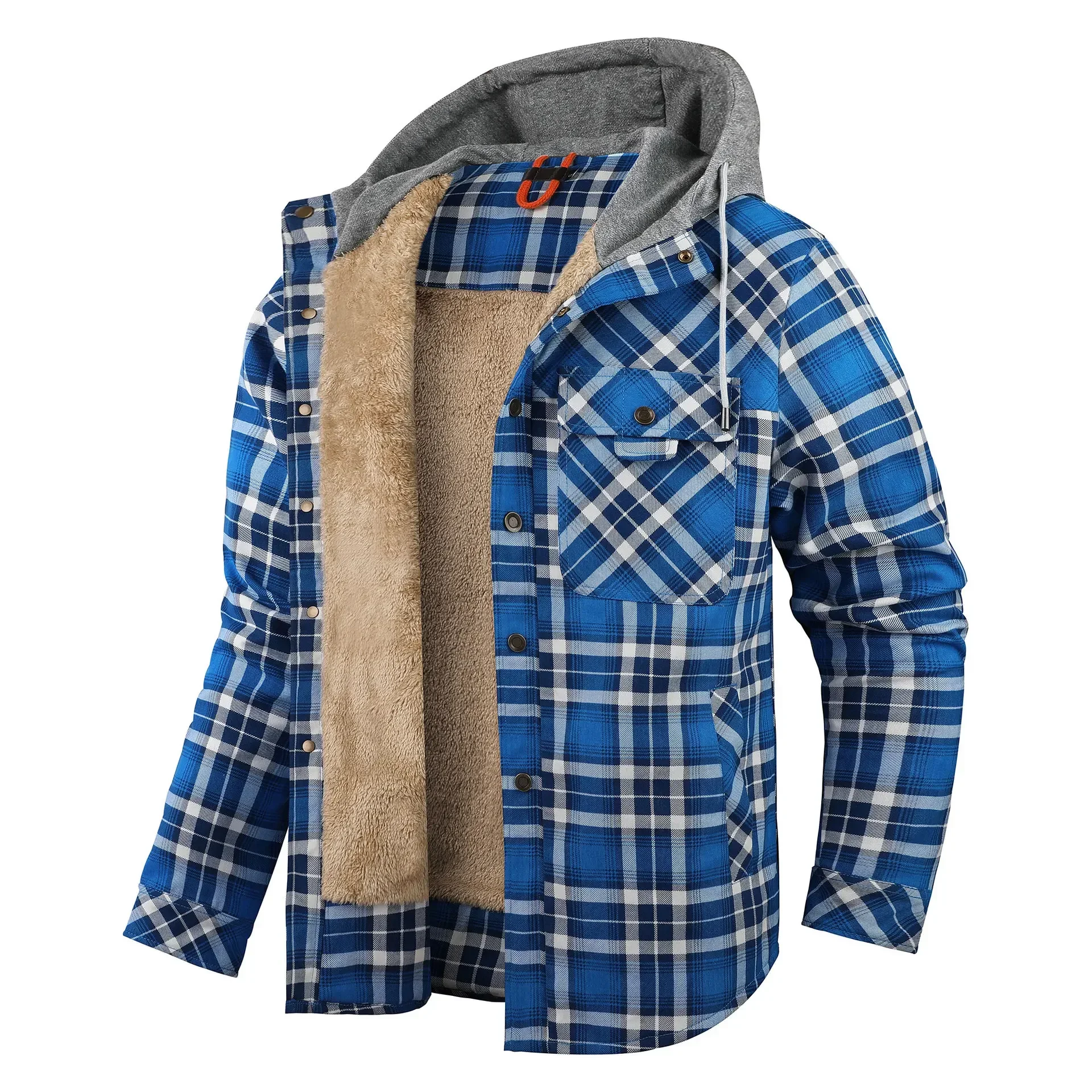

Winter Large Size Men's Shirt Jacket Cotton Coat Men Long-sleeved Plush Thickened Keep Warm Hooded Plaid Shirts US Size 2XL
